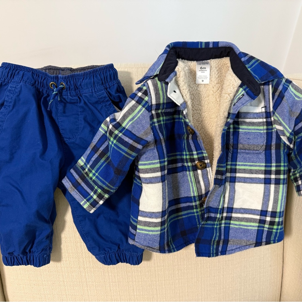 Carter's Blue Plaid Hooded Jacket with Cream Sherpa and Pants Set